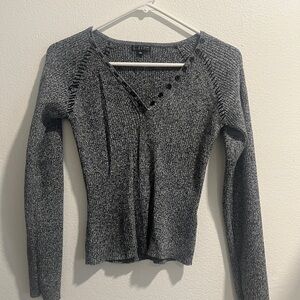 Women's Ribbed V-Neck Long Sleeve Top - Gray